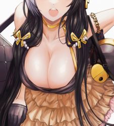 Rule 34 | 1girl, absurdres, bag (chrko bag), bare shoulders, black hair, breasts, cleavage, dress, girls&#039; frontline, highres, large breasts, leaning forward, long hair, megaphone, open mouth, ro635 (enforcer of the law) (girls&#039; frontline), ro635 (girls&#039; frontline), solo