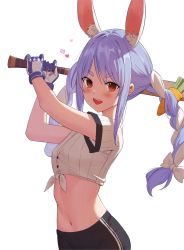 Rule 34 | alternate costume, animal ear fluff, animal ears, baseball, baseball bat, black shorts, blue hair, braid, breasts, carrot hair ornament, crop top, food-themed hair ornament, gloves, hair ornament, heart, highres, hololive, long hair, looking at viewer, midriff, multicolored hair, navel, open mouth, orange eyes, rabbit ears, rabbit girl, rabbit tail, red eyes, shirt, short eyebrows, shorts, simple background, small breasts, smile, swept bangs, tail, thick eyebrows, tied shirt, twin braids, twintails, two-tone hair, usada pekora, virtual youtuber, white background, white hair, whitek