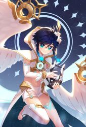 Rule 34 | 1boy, alternate costume, androgynous, bad id, bad twitter id, barefoot, black hair, blue hair, blush, braid, bridal gauntlets, capelet, chest tattoo, closed mouth, commentary, crop top, elbow gloves, english commentary, feathered wings, flower, genshin impact, gloves, gradient hair, green eyes, hair flower, hair ornament, holding, holding instrument, hood, hood down, hooded capelet, instrument, isakysaku, leg tattoo, light particles, looking at viewer, lyre, male focus, midriff, multicolored hair, navel, short hair with long locks, shorts, simple background, single thighhigh, sleeveless, smile, solo, tattoo, thighhighs, twin braids, venti (archon) (genshin impact), venti (genshin impact), white flower, white gloves, white shorts, white thighhighs, wings