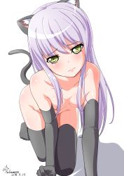 Rule 34 | 10s, 1girl, 2018, absurdres, all fours, animal ears, artist name, bang dream!, bare shoulders, blush, breasts, cat ears, cat tail, convenient arm, convenient censoring, dated, gloves, green eyes, hair censor, hanging breasts, head tilt, highres, long hair, looking at viewer, minato yukina, purple hair, sakamata (sakamata4), simple background, small breasts, solo, tail, thighhighs, wavy mouth, white background