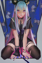 Rule 34 | + +, 1girl, animal ears, aqua hair, arm support, black gloves, black serafuku, black thighhighs, chain, collar, commentary request, ear piercing, eyelashes, facing viewer, fingerless gloves, fingernails, gloves, highres, korean commentary, leash, long hair, looking at viewer, mouse ears, multicolored hair, nail polish, original, parted lips, piercing, pink hair, purple eyes, purple nails, purple ribbon, ribbon, sailor collar, school uniform, serafuku, short sleeves, single glove, sitting, solo, spiked collar, spikes, symbol-shaped pupils, thighhighs, torn clothes, torn thighhighs, two-tone hair, v arms, wariza, wowmoto2