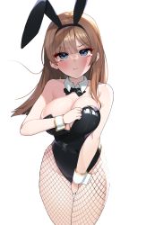 Rule 34 | 1girl, :t, animal ears, black bow, black bowtie, black leotard, blue eyes, bow, bowtie, breasts, brown eyes, cleavage, commentary request, covering privates, covering crotch, cowboy shot, detached collar, eliteneet, embarrassed, fishnet pantyhose, fishnets, highres, large breasts, leotard, long hair, looking at viewer, original, pantyhose, playboy bunny, pout, rabbit ears, simple background, solo, white background, wrist cuffs