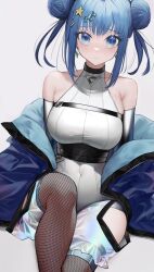 Rule 34 | 1girl, absurdres, blue eyes, blue hair, breasts, chest belt, collarbone, covered navel, cropped vest, double bun, duel monster, earrings, evil twin lil-la, hair bun, hair ornament, highres, jewelry, large breasts, lil-la (yu-gi-oh!), looking at viewer, official alternate costume, shiina hvitur, short hair, thighhighs, vest, white background, yu-gi-oh!