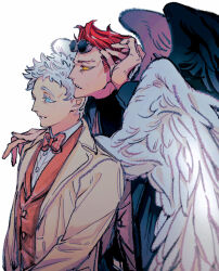 Rule 34 | 2boys, angel, aqua eyes, arm up, aziraphale (good omens), black jacket, black wings, bow, bowtie, buttons, collared shirt, crowley (good omens), demon boy, dress shirt, feathered wings, fingernails, goggles, good omens, hand on another&#039;s shoulder, highres, jacket, lapels, light smile, long sleeves, looking afar, looking ahead, male focus, messy hair, multiple boys, naotin3333, open clothes, open jacket, orange vest, parted lips, pink bow, pink bowtie, plaid, plaid bow, plaid bowtie, red hair, shirt, short hair, simple background, suit jacket, traditional bowtie, upper body, vest, waistcoat, white background, white hair, white shirt, white wings, wings, yellow eyes, yellow jacket