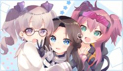 Rule 34 | armband, bow, commission, drill hair, fingerless gloves, glasses, gloves, group picture, haruna swift, headphones, heavenrend, highres, jewelry, juliet winters, km0d0, nohoshio, ring, second-party source, skeb commission, smile, star (symbol), twintails, virtual youtuber, visor