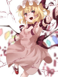 Rule 34 | 1girl, :d, absurdres, alternate costume, armpits, blonde hair, blurry, blush, breasts, cleavage, crack, cracked glass, crystal, depth of field, dress, fang, flandre scarlet, foot out of frame, fourth wall, glowing, hat, highres, looking up, mob cap, ninniku (mfu7324), open mouth, pink dress, reaching, red eyes, sideboob, simple background, small breasts, smile, soft focus, solo, touhou, white background, white hat, wings