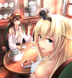 Rule 34 | 10s, 2girls, ahoge, armoire, bare shoulders, blonde hair, blue eyes, braid, brown hair, cake, crown, cup, detached sleeves, double bun, food, french braid, hairband, headgear, highres, jewelry, kantai collection, kongou (kancolle), long hair, looking at viewer, looking back, matsunaga garana, mini crown, multiple girls, necklace, nontraditional miko, off shoulder, purple eyes, ribbon-trimmed sleeves, ribbon trim, tea set, teacup, teapot, warspite (kancolle), waving, window