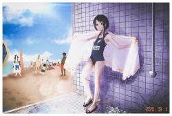 Rule 34 | 1girl, absurdres, asymmetrical hair, bare legs, black one-piece swimsuit, blue sky, brown hair, character name, cloud, cloudy sky, commentary, dated, expressionless, gorilla(1844~), highres, holding, holding towel, iwakura lain, looking at viewer, no hairclip, one-piece swimsuit, outdoors, sandals, serial experiments lain, short hair, sky, solo focus, standing, surfboard, swimsuit, towel, translated, water, wide shot