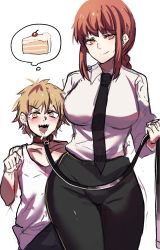 Rule 34 | 1boy, 1girl, animal collar, black pants, blonde hair, blush, braid, braided ponytail, breasts, cake, cake slice, chainsaw man, closed mouth, collar, denji (chainsaw man), food, highres, hinghoi, holding, holding leash, large breasts, leash, light smile, long hair, makima (chainsaw man), necktie, open mouth, orange eyes, pants, red hair, ringed eyes, sharp teeth, shirt, sidelocks, sleeveless, sleeveless shirt, teeth, thought bubble, tongue, tongue out