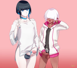 Rule 34 | 2boys, bad id, bad pixiv id, bare shoulders, black hair, blunt bangs, bottomless, censored, choker, colored inner hair, dark-skinned male, dark skin, erection, green eyes, green hair, hair over eyes, height difference, highres, hime cut, jacket, kuroino (0kuro8ino6), long bangs, male masturbation, masturbation, mosaic censoring, multicolored hair, multiple boys, nail polish, open mouth, original, penis, pointy ears, red background, short hair, simple background, standing, trap, v, white hair