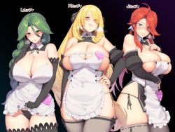 Rule 34 | 3girls, apron, areola slip, bare shoulders, black background, blonde hair, blush, braid, breasts, breath, cheryl (pokemon), cleavage, cleavage cutout, clothing cutout, covered navel, cowboy shot, creatures (company), curvy, cynthia (pokemon), detached collar, elbow gloves, embarrassed, female focus, game freak, glasses, gloves, green eyes, green hair, hair between eyes, hair over one eye, hakai shin, half-closed eyes, hand on own chest, hand on own hip, hand up, heart cutout, highres, huge breasts, legs, lifting own clothes, long braid, long hair, looking at viewer, lorelei (pokemon), maid, matching hair/eyes, measurements, multiple girls, name tag, naughty face, nearly naked apron, nintendo, panties, pantyshot, parted lips, pokemon, pokemon dppt, pokemon frlg, red eyes, red hair, revealing clothes, simple background, single braid, smile, standing, string panties, thighhighs, thighs, underwear, wide hips, yellow eyes