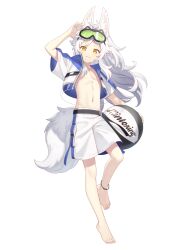 Rule 34 | 1boy, :3, animal ear fluff, animal ears, anklet, arm up, ball, barefoot, beachball, dairoku ryouhei, full body, goggles, goggles on head, highres, jewelry, kb (tw), long hair, rabbit ears, shorts, solo, standing, toron craft, transparent background, white hair, white shorts, yellow eyes