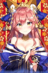 Rule 34 | 1girl, animal ear fluff, animal ears, bare shoulders, bell, blush, breasts, choker, cleavage, closed mouth, fate/grand order, fate (series), fox ears, hair between eyes, hair ribbon, hayama eishi, head tilt, long hair, looking at viewer, medium breasts, official alternate costume, pink hair, ribbon, smile, solo, tamamo (fate), tamamo no mae (fate/extra), tamamo no mae (third ascension) (fate), teapot, upper body, very long hair, yellow eyes