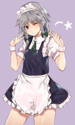 Rule 34 | 1girl, ;), apron, asuzemu, bad id, bad twitter id, blue eyes, blue skirt, blue vest, blush, bow, braid, commentary request, cowboy shot, double v, frilled apron, frills, green bow, green ribbon, hair bow, hands up, head tilt, izayoi sakuya, looking at viewer, maid, maid apron, maid headdress, neck ribbon, one eye closed, petticoat, puffy short sleeves, puffy sleeves, purple background, ribbon, short hair, short sleeves, silver hair, simple background, skirt, smile, solo, standing, star (symbol), thighs, touhou, twin braids, v, vest, waist apron, white apron, wing collar, wrist cuffs