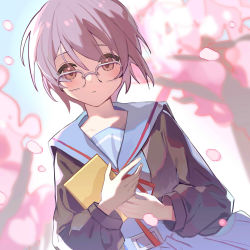 Rule 34 | 1girl, absurdres, belt, blue belt, blue sailor collar, blue skirt, blurry, blush, book, brown cardigan, brown eyes, cardigan, cherry blossoms, chinese commentary, closed mouth, collarbone, commentary request, depth of field, glasses, highres, holding, holding book, kita high school uniform, long sleeves, looking at viewer, mogege gk, nagato yuki, open cardigan, open clothes, petals, purple hair, red ribbon, ribbon, sailor collar, sakura tree, school uniform, serafuku, short hair, skirt, solo, suzumiya haruhi no shoushitsu, suzumiya haruhi no yuuutsu