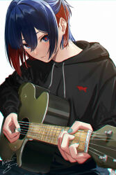 Rule 34 | 1girl, acoustic guitar, alternate costume, alternate hairstyle, animal print, aqua nails, black hoodie, blue eyes, blue hair, closed mouth, colored inner hair, commentary, denim, earrings, fish print, guitar, hair between eyes, half updo, highres, holding, holding instrument, holding plectrum, hood, hood down, hoodie, instrument, isshiki (ffmania7), jeans, jewelry, kamitsubaki studio, leaning forward, light blush, looking at viewer, multicolored eyes, multicolored hair, music, pants, playing instrument, plectrum, red eyes, red hair, rim (kamitsubaki studio), short hair, sitting, solo, stud earrings, symbol-only commentary, twitter username, upper body, upturned eyes, virtual youtuber, yellow pupils
