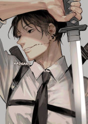 Rule 34 | 1boy, aged down, artist name, black hair, black necktie, chainsaw man, collared shirt, ear piercing, facial scar, glasgow smile, grey background, holding, holding weapon, kadeart, katana, kishibe (chainsaw man), kishibe (young) (chainsaw man), looking to the side, necktie, piercing, scar, scar on cheek, scar on face, shirt, simple background, solo, strap, sword, weapon, weapon behind back, white shirt