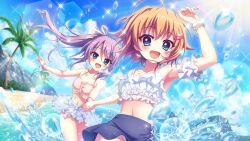 2girls :d ahoge aqua_eyes arm_garter arm_up armpits beach bead_bracelet beads bikini bikini_skirt blue_eyes blue_skirt blue_sky blush bracelet breasts chain chain_necklace cleavage cloud collarbone cowboy_shot day dot_nose dutch_angle film_grain frilled_bikini frills game_cg hair_ornament hair_ribbon hairclip high_ponytail holding_hands izumi_tsubasu jewelry lens_flare long_hair looking_at_viewer midriff multiple_girls navel necklace non-circular_lens_flare non-web_source ocean official_art open_mouth orange_hair outdoors palm_tree pink_bikini pink_ribbon re:stage! ribbon running see-through_clothes see-through_skirt shikimiya_mana short_hair sidelocks skirt sky small_breasts smile sparkle splashing swept_bangs swimsuit tree tsukisaka_sayu wading water_drop white_bikini white_skirt