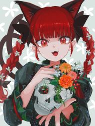 Rule 34 | 1girl, absurdres, animal ears, black bow, blunt bangs, bow, braid, cat ears, cat tail, extra ears, fangs, flower, green shirt, hair bow, hair flower, hair ornament, highres, holding, holding skull, ichinose (kurui96), kaenbyou rin, long hair, long sleeves, looking at viewer, multiple tails, open mouth, red eyes, red hair, shirt, skull, slit pupils, smile, solo, tail, touhou, twin braids, twintails, two tails, upper body