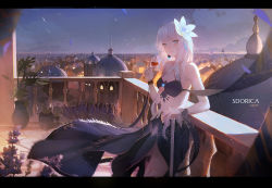Rule 34 | 1girl, balcony, bare shoulders, black skirt, blue eyes, blue flower, blurry, blurry foreground, breasts, building, cityscape, commentary request, cup, depth of field, drinking glass, echosdoodle, elbow gloves, elbow rest, flower, gloves, hair flower, hair ornament, hand up, holding, holding cup, holding drinking glass, letterboxed, long hair, looking at viewer, medium breasts, night, night sky, original, outdoors, parted lips, petals, railing, shirt, silver hair, skirt, sky, sleeveless, sleeveless shirt, solo, tower, vase, white gloves, white shirt, wine glass