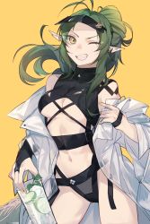 Rule 34 | 1girl, ;d, antenna hair, arknights, bare shoulders, black one-piece swimsuit, breasts, bridal gauntlets, casual one-piece swimsuit, center opening, contrapposto, cowboy shot, cup, drink, drinking glass, gavial (arknights), gluteal fold, green hair, grin, highres, holding, holding cup, jacket, kamatpit, large breasts, long hair, long sleeves, looking at viewer, nail polish, navel, official alternate costume, one-piece swimsuit, one eye closed, open clothes, open jacket, open mouth, parted lips, pointy ears, ponytail, sharp teeth, simple background, smile, solo, swimsuit, teeth, underboob, v-shaped eyebrows, visor cap, white jacket, yellow background, yellow eyes, yellow nails