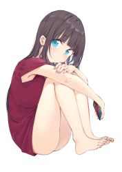 Rule 34 | 1girl, aqua eyes, armpit peek, ass, bare legs, barefoot, blunt bangs, breasts, brown hair, cellphone, full body, head tilt, iphone x, knees to chest, large breasts, long hair, looking at viewer, maigoyaki, nail polish, original, phone, shirt, sidelocks, simple background, sitting, smartphone, solo, t-shirt, white background