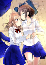 Rule 34 | 2girls, arm around back, bag, black eyes, black hair, black socks, blazer, blue jacket, blue skirt, blush, breasts, brown eyes, brown hair, cleavage, clenched hand, collared shirt, commentary request, earrings, hakozaki shiine, hand on another&#039;s head, hand on own chest, highres, houkago (doujin), jacket, jewelry, kamisato ichika, knee up, long hair, long sleeves, looking at another, lying, medium breasts, miniskirt, multiple girls, necktie, on back, on side, ooshima tomo, open mouth, partial commentary, partially unbuttoned, plaid necktie, red necktie, school bag, shadow, shirt, shirt tucked in, short hair, sidelocks, skirt, socks, twitter username, unworn jacket, white shirt, yuri