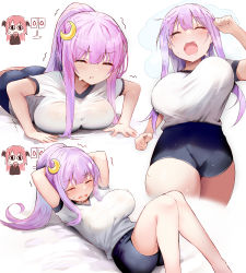 Rule 34 | 2girls, bike shorts, black shorts, blush, breasts, chibi, chibi inset, closed eyes, closed mouth, crescent, crescent hair ornament, efe, greyscale, gym shirt, hair ornament, highres, koakuma, large breasts, long hair, monochrome, multiple girls, multiple views, open mouth, patchouli knowledge, ponytail, purple hair, red hair, shirt, short sleeves, shorts, simple background, thighs, touhou, white background