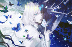 Rule 34 | 1boy, aqua eyes, blue butterfly, branch, bug, butterfly, cloak, crown, diamond hairband, fairy, fate/grand order, fate (series), fur-trimmed cloak, fur trim, insect, insect wings, looking at viewer, medium hair, moth, oberon (fate), oberon (third ascension) (fate), shirt, solo, tooaya, white hair, white shirt, wings