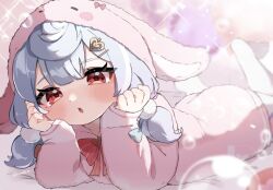 Rule 34 | 1girl, alternate costume, animal ears, animal hood, arm rest, blush, bow, bowtie, dress, fake animal ears, feet up, genshin impact, hair between eyes, hair ornament, hand on own cheek, hand on own face, hat, head on hand, head rest, highres, hood, hood up, hooded jacket, hoodie, jacket, legs up, long hoodie, long sleeves, looking at viewer, loungewear, low twintails, lying, nanakusa yomogi, necktie, on stomach, open mouth, pink bow, pink bowtie, pink dress, pink hoodie, pom pom (clothes), pom pom hair ornament, purple hair, rabbit ears, rabbit girl, rabbit hood, red bow, red bowtie, red eyes, red necktie, sigewinne (genshin impact), solo, the pose, twintails