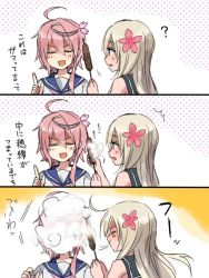 Rule 34 | 10s, 2girls, 3koma, ?, ahoge, annin musou, bad id, bad twitter id, bare shoulders, blonde hair, blowing, brown hair, comic, commentary request, closed eyes, flower, hair flower, hair ornament, i-58 (kancolle), kantai collection, long hair, multiple girls, ro-500 (kancolle), school uniform, serafuku, short hair, short sleeves, ^^^, translation request