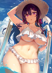 Rule 34 | 1girl, :o, arm up, armpits, bikini, blue sky, breasts, cleavage, cloud, collarbone, commentary request, curvy, day, frilled bikini, frills, hair between eyes, hair ornament, hair ribbon, hat, highres, looking at viewer, medium breasts, navel, original, outdoors, partially submerged, purple eyes, purple hair, ribbon, shiokonbu, sidelocks, sky, solo, standing, stomach, straw hat, sun hat, swimsuit, thick thighs, thighs, underboob, white bikini, x hair ornament