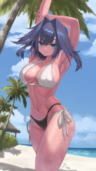 Rule 34 | 1girl, absurdres, arm up, armpits, artist name, beach, bikini, blue eyes, blue hair, blue nails, blue sky, breasts, cloud, highres, hololive, hololive english, large breasts, mismatched bikini, nail polish, navel, ocean, ouro kronii, palm tree, red nails, roober, sand, signature, sky, smile, summer, swimsuit, tree, virtual youtuber, white bikini