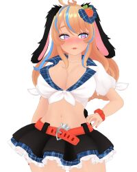 Rule 34 | 1girl, animal ears, belt, black skirt, blue eyes, blue hair, blush, bonnie (bunny gif), breasts, bunny gif, carrot hair ornament, cleavage, food-themed hair ornament, hair ornament, hand on own hip, heart, heart-shaped pupils, highres, indie virtual youtuber, large breasts, navel, orange hair, pink eyes, rabbit, rabbit ears, red nails, skirt, symbol-shaped pupils, thighs, virtual youtuber