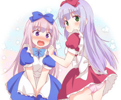 Rule 34 | 10s, 2girls, airi (alice or alice), alice or alice, apron, ass, blue bow, blue dress, blush, bow, dress, dress tug, green eyes, hair bow, lolita fashion, long hair, looking at viewer, looking back, maid apron, mikan-ya, multiple girls, nose blush, open mouth, panties, pink panties, puffy short sleeves, puffy sleeves, purple eyes, red bow, red dress, rise (alice or alice), short sleeves, siblings, silver hair, sisters, smile, twins, underwear, very long hair, white apron, white bow