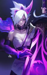 Rule 34 | 1girl, absurdres, armor, bare shoulders, blue eyes, breasts, claws, cleavage, collarbone, distr, earrings, elbow gloves, fingerless gloves, fingernails, gloves, glowing, glowing sword, glowing weapon, hair over one eye, highres, holding, holding sword, holding weapon, horns, jewelry, league of legends, pauldrons, pointy ears, purple gloves, riven (league of legends), short hair, shoulder armor, signature, single horn, single pauldron, solo, spirit blossom riven, sword, weapon, white hair
