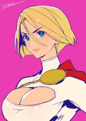 Rule 34 | 1girl, bad id, bad twitter id, blonde hair, blue eyes, breasts, cape, cleavage, cleavage cutout, clothing cutout, commentary request, dc comics, hair between eyes, highres, kotatsu (g-rough), large breasts, long sleeves, looking at viewer, pink background, power girl, red cape, short hair, signature, simple background, smile, solo, superman (series), sweater, turtleneck, upper body, white sweater
