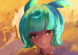 Rule 34 | 1girl, avy the starry frog, blunt bangs, bob cut, closed mouth, commentary, earrings, gold, green eyes, green hair, highres, hoop earrings, jewelry, looking at viewer, medium bangs, musical note, rabbit and steel, saayartworks, short hair, smile, solo, staff (music), yellow background