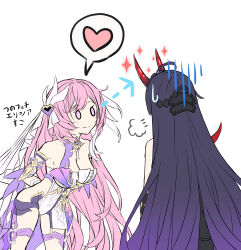 Rule 34 | 2girls, annv7853, arm behind back, arrow (symbol), bare shoulders, black shorts, blush, breasts, bridal garter, brooch, cleavage, detached sleeves, elysia (herrscher of human:ego) (honkai impact), elysia (honkai impact), from behind, hair between eyes, heart, heart brooch, highres, honkai (series), honkai impact 3rd, horns, jewelry, large breasts, long hair, multiple girls, pink eyes, pink hair, puff of air, purple hair, raiden mei, raiden mei (herrscher of thunder), red horns, short sleeves, shorts, speech bubble, sweatdrop, thighs, triquetra, very long hair, white veil