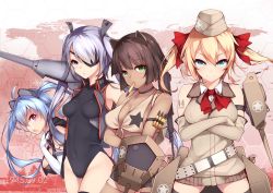 4girls absurdres animal_ears animals_ear bare_legs bikini bikini_top_only blonde_hair blue_eyes blue_hair breasts bullet cannon dark-skinned_female dark_skin green_eyes hair_ornament hairclip hetzer_(panzer_waltz) highres large_breasts m10_wolverine_(panzer_waltz) military military_uniform multiple_girls panzer_waltz purple_eyes silver_hair sleeveless sturmtiger_(panzer_waltz) swimsuit twintails zoe_sherman