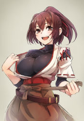 Rule 34 | 10s, 1girl, breasts, brown eyes, brown hair, hair ribbon, highres, impossible clothes, ise (kancolle), japanese clothes, kantai collection, large breasts, looking at viewer, open mouth, personification, ponytail, ribbon, short hair, sketch, smile, solo, taishi (artist), taishi (picchiridou)