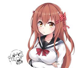 Rule 34 | 10s, 2girls, :/, alternate breast size, alternate hair length, alternate hairstyle, blush, bow, breasts, brown eyes, brown hair, closed mouth, colis (regunm772), collarbone, crossed arms, dual persona, covered erect nipples, hair bow, hair ornament, hairclip, ikazuchi (kancolle), kantai collection, long hair, long sleeves, looking at viewer, multiple girls, multiple views, aged up, partially colored, red bow, sailor collar, shirt, striped, striped bow, translation request, upper body, white background, white shirt, | |, || ||