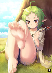 Rule 34 | 1girl, against tree, ahoge, artist logo, bare legs, barefoot, blue sky, brown eyes, closed mouth, cloud, cloudy sky, collarbone, day, feet, female focus, foot focus, frilled shorts, frills, full body, grass, green hair, highres, holding, holding staff, legs, long sleeves, looking at viewer, mushoku tensei, outdoors, pointy ears, presenting foot, short hair, short shorts, shorts, sitting, sky, smile, soles, solo, staff, sylphiette (mushoku tensei), teng zhai zi, thick thighs, thighs, toes, tree