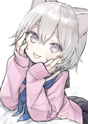 Rule 34 | 1girl, :p, animal ears, bed sheet, black skirt, blue neckerchief, capriccio, cat ears, closed mouth, commentary request, dated, grey hair, hair between eyes, hands up, kapu rinko, long sleeves, looking at viewer, lying, neckerchief, on stomach, original, pink sweater, pleated skirt, purple eyes, sailor collar, school uniform, serafuku, signature, simple background, skirt, sleeves past wrists, smile, solo, sweater, tongue, tongue out, white background, white sailor collar