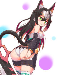 Rule 34 | 1girl, animal ears, ass, ass focus, bare shoulders, black hair, blush, breasts, cat ears, cat tail, cougar (cougar1404), deep skin, detached sleeves, embarrassed, forehead protector, from behind, green eyes, hand on own ass, long hair, looking at viewer, medium breasts, multicolored hair, panties, rubirina (cougar1404), shiny clothes, shiny skin, sideboob, solo, tail, thick thighs, thighhighs, thighs, underwear, very long hair, wedgie