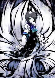 Rule 34 | 1girl, animal ears, aqua eyes, bad id, bad pixiv id, dress, expressionless, fox ears, fox tail, full body, grey hair, highres, kusakanmuri, layered dress, layered sleeves, long sleeves, looking at viewer, looking to the side, monochrome, multiple tails, short hair, short over long sleeves, short sleeves, solo, spot color, tabard, tail, touhou, yakumo ran