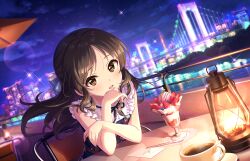 Rule 34 | 1girl, blurry, blurry background, blush, bokeh, bridge, brown hair, coffee cup, cup, depth of field, disposable cup, dress, dutch angle, elbow rest, floating hair, food, fruit, idolmaster, idolmaster cinderella girls, idolmaster cinderella girls starlight stage, lantern, lens flare, looking at viewer, night, official art, outdoors, parfait, sleeveless, sleeveless dress, solo, steam, strawberry, tachibana arisu