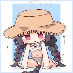 1girl :&gt; bare_arms bare_shoulders barefoot bikini black_hair blue_archive blue_background blue_border blush border bow braid brown_hat cameltoe chibi crotch_rub empty_eyes full_body hair_bow halo hana_kazari hat highres leaf_print low_twintails miyu_(blue_archive) miyu_(swimsuit)_(blue_archive) navel open_mouth print_bikini red_eyes solo straw_hat swimsuit translation_request triangle_mouth twin_braids twintails white_bikini white_border white_bow