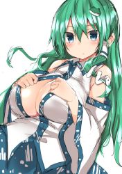 Rule 34 | 1girl, blue eyes, blue skirt, breasts, cleavage, collared shirt, detached sleeves, frog, frog hair ornament, golgi hon, hair ornament, hair tubes, japanese clothes, kochiya sanae, large breasts, long hair, long skirt, miko, nontraditional miko, shirt, skirt, sleeveless, sleeveless shirt, snake hair ornament, solo, touhou, white shirt, wide sleeves
