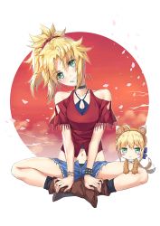 Rule 34 | 2018, 2girls, afterimage, ahoge, animal costume, ankle boots, artoria pendragon (all), artoria pendragon (fate), bare shoulders, black legwear, black panties, blonde hair, blush stickers, boots, bracelet, breasts, brown footwear, buckle, cleavage, clothing cutout, collar, collarbone, commentary request, dog costume, earrings, fate/apocrypha, fate/grand order, fate/stay night, fate (series), fringe trim, full body, green eyes, hair ornament, hair scrunchie, head tilt, highres, indian style, jewelry, long hair, looking at viewer, medium breasts, mini person, minigirl, mordred (fate), mordred (fate/apocrypha), motion lines, multiple girls, navel, open fly, open mouth, panties, panty peek, parted bangs, petals, ponytail, red scrunchie, red shirt, saber (fate), scrunchie, shirt, short sleeves, shoulder cutout, sitting, smile, socks, spiked bracelet, spikes, tail, tail wagging, teeth, tonee, underwear